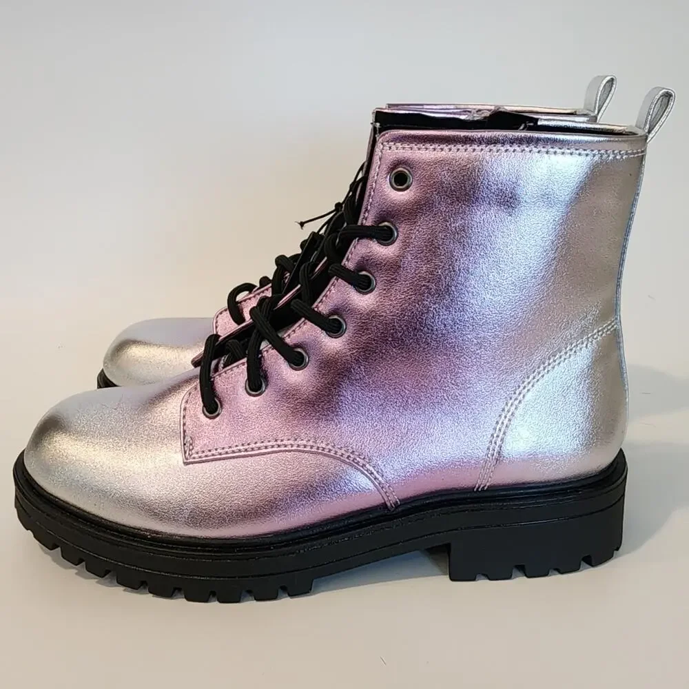 Wonder Nation Big Girls Size 6 Combat Boots Metallic Silvery Purple Color New